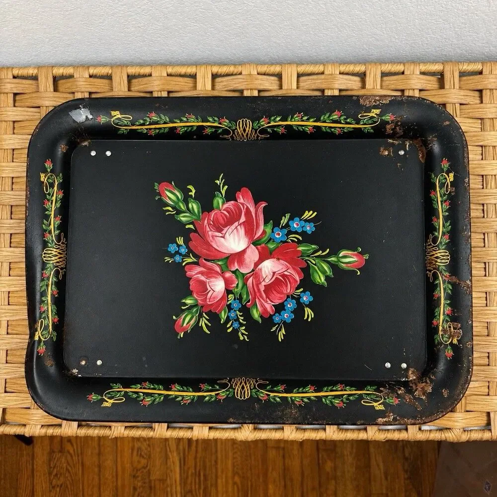 Vintage Floral Painted Metal Serving Tray, Black Rectangle w/ Handles 18x12